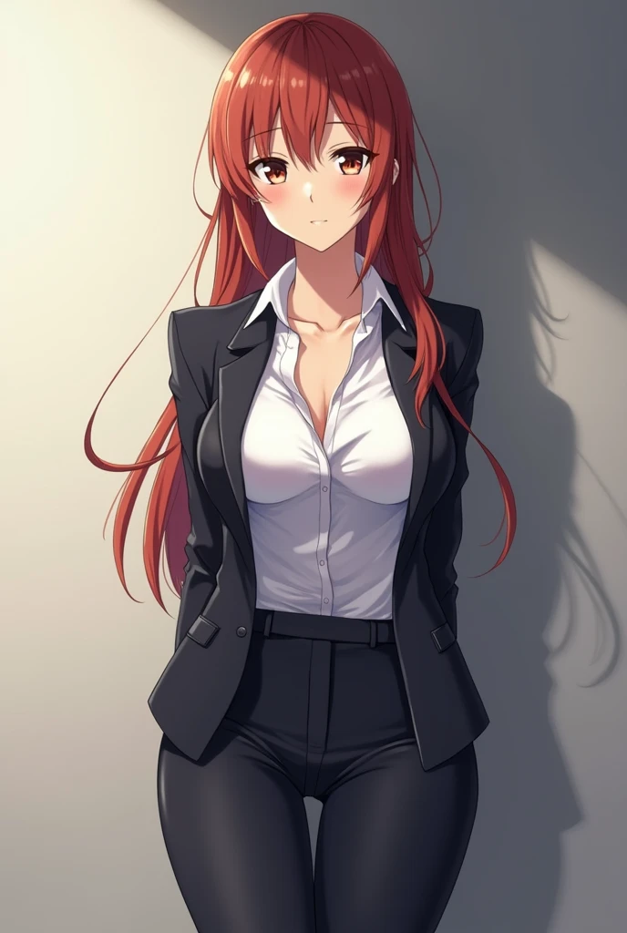 a anime women with big boobs in business attire with her top button undone standing up