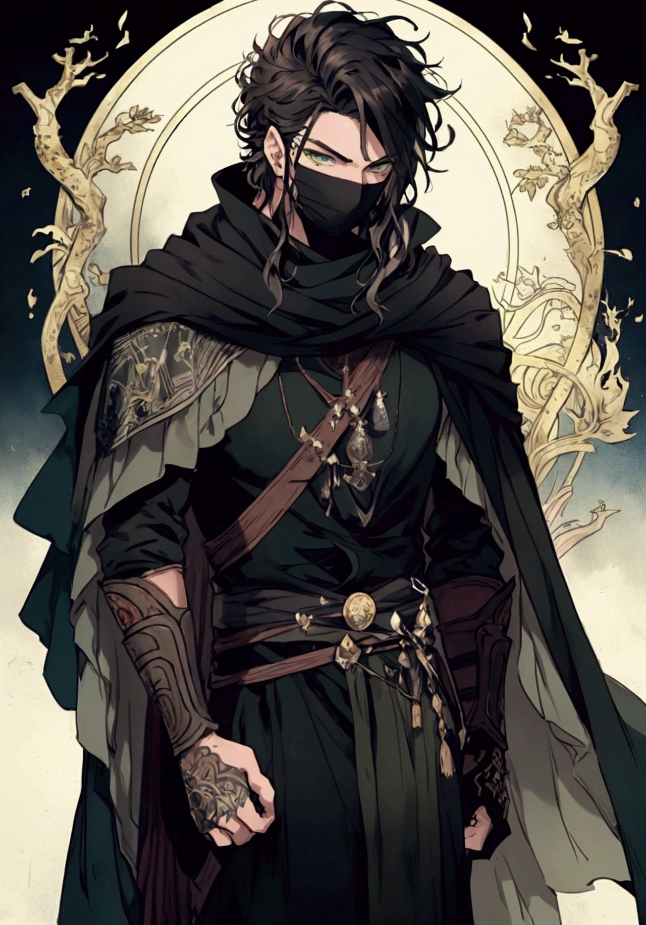 (Masterpiece), ((Highest Quality)),(Official Art),dark epic:1.2),(1 solo anime man: 1.3). A Middle-Eastern assassin man with spiky wild hair, black hair, green eyes, tan skin, and covered face. He wears a dark assassin robe, standing inside a Zoroastrian temple and surrounded by flames. Detailed picture. Detailed eyes. Masculine jaw. Soft fairytale picture Arthur Rackham-style. Colorful, best detailed ((super detailed)), (highly detailed 2D anime man illustration), ((dark and beautiful))