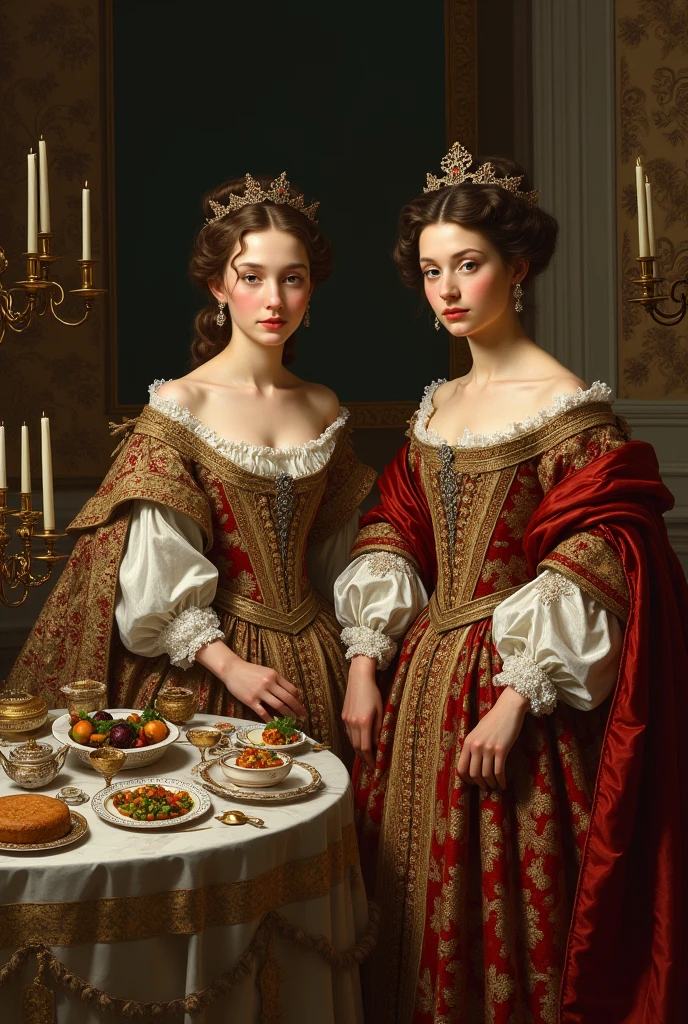Two nobles in costumes from the time of the hereditary captaincies sitting at a banquet
