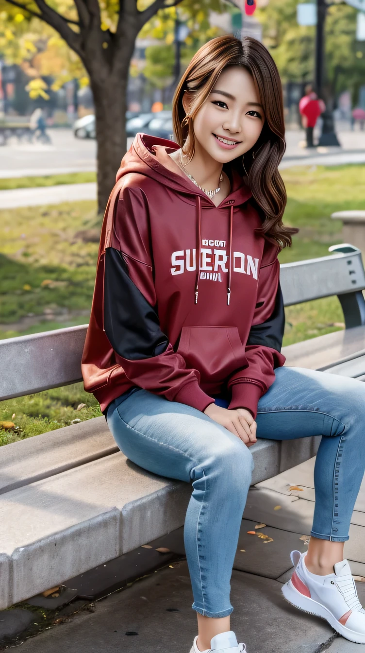 Super Resolution、Beautiful Korean Women、Full body photo、sitting on a park bench、Light brown hair、Short Haircut、ear piercing、necklace、hoodie、Skinny jeans、sneakers、、smile、Beautiful teeth alignment