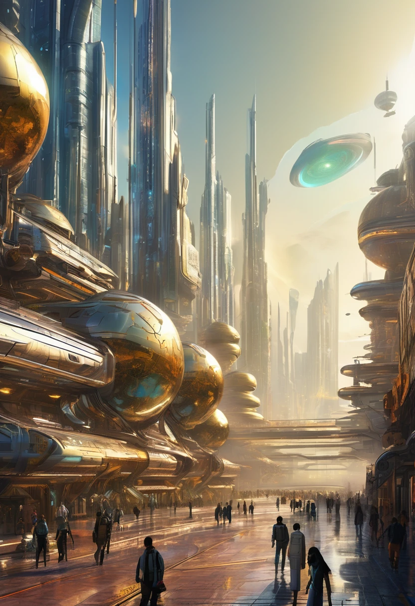 On an unknown planet lies a futuristic fantasy city with immense buildings of technological design that form an infinite avenue, with silver glazed structures, spectacular gold and bronze. with bright colors. dull pavement. people walking. similar to a coruscant. Well-defined image with many buildings together. cyberpunk style.