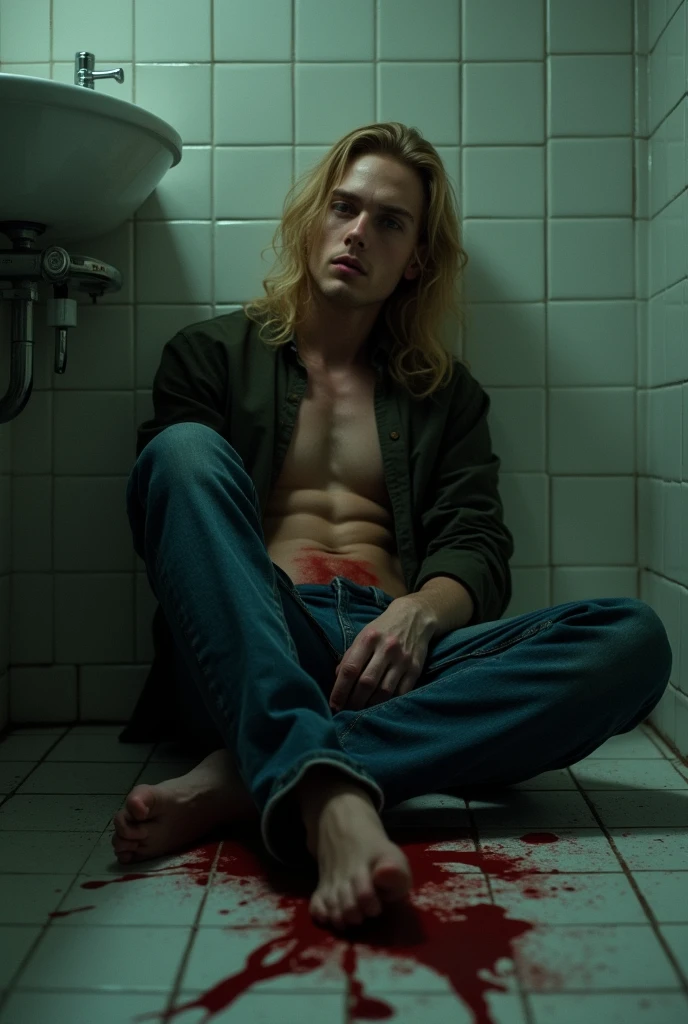 181 cm tall, 22-year-old shirtless male boyish fashion model, thin and lean figure:1.4, short platinum blond hair messy layered hair, side swept bangs, Germanic-Icelandic features, black pants, amused expression, standing in large chic dark walk-in closet lined with gothic and colorful dresses, pants, shoes and other accessories, photorealistic, cinematic