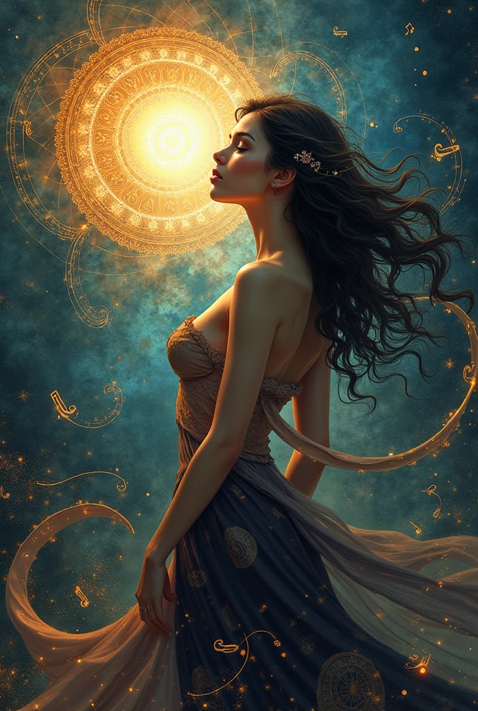 (photorealism:1.2), official art, unity 8k wallpaper, ultra detailed, beautiful and aesthetic, masterpiece, best quality, (zentangle, mandala, tangle, entangle), (fractal art:1.3) , 1woman, The most beautiful face ever, ((Emma watson:0.1)), (Audrey Hepburn:0.2), ((Emilia Clark:0.6)),(Yuki Uchida:0.4), (relatively thick eyebrows:0.4), dark circles, (beautiful large blue eyes:1.3), (no-makeup:1.6), big breast, extremely detailed, dynamic angle, cowboyshot, the most beautiful form of chaos, elegant, a brutalist designed, vivid colours, romanticism, by james jean, roby dwi antono, ross tran, francis bacon, michal mraz, adrian ghenie, petra cortright, gerhard richter, takato yamamoto, ashley wood, atmospheric, ecstasy of musical notes, streaming musical notes visible, glowing astral body, mysterious atmosphere nude full body armpit