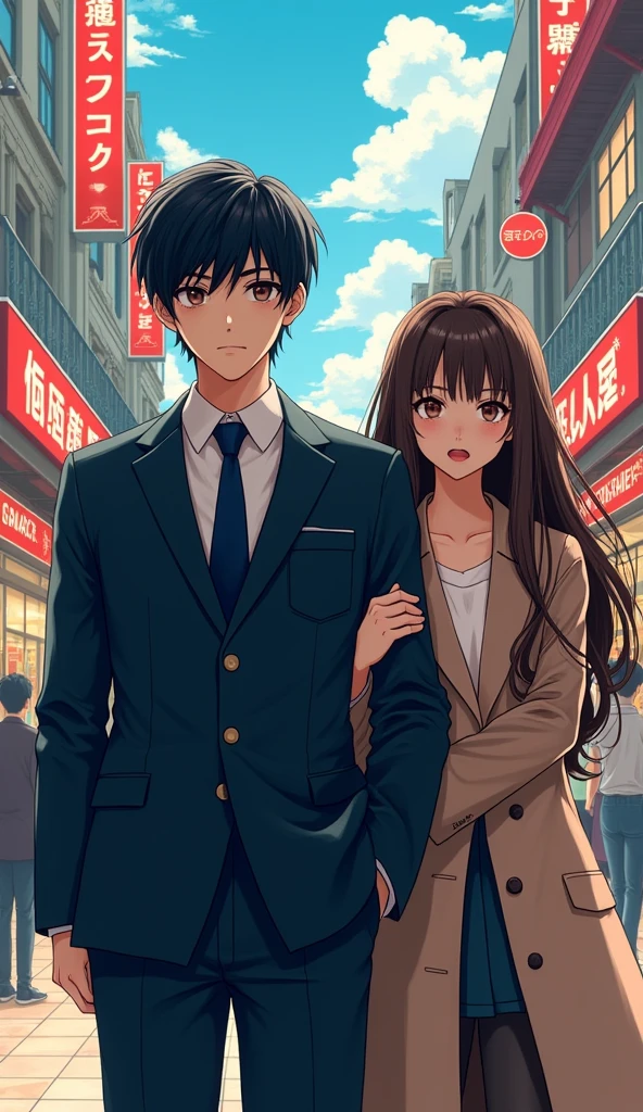 ((A man with short hair)),In the mall,Black Hair,Suits,((Cold expression)),Japanese comic style,A woman with long brown hair standing next to her