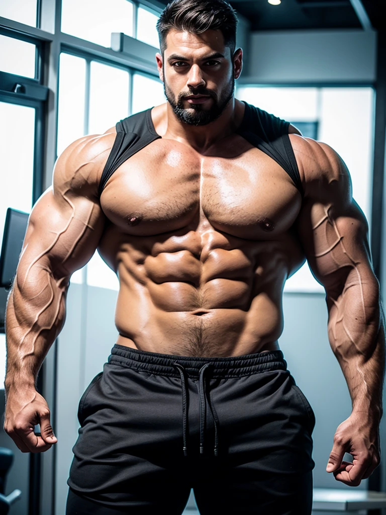 Muscular, huge biceps, huge chest, ultra beefy, shirtless, full body.