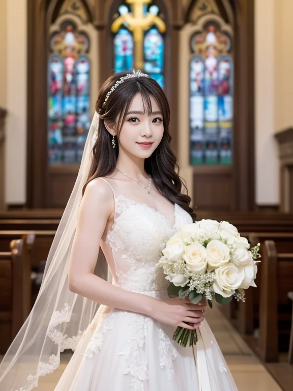 Photo-realistic quality、a woman in a Wedding dress holding a bouquet of flowers、Standing in front of the church、20 year old Japanese model、白のWedding dress,Hanae Mori style wedding dress、Japan idols at 20 years old、lace prom dresses、looking at the camera、Detailed and beautiful eyes、Cute smile、Relaxed and gentle expression、a close up of a woman in a Wedding dress holding a bouquet, Wedding dress, So magical and dreamy、Blur the background a lot、300mm Lens aperture F2.Shot at 8