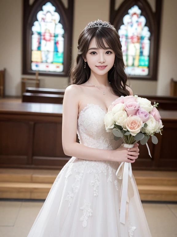 Photo-realistic quality、a woman in a Wedding dress holding a bouquet of flowers、Standing in front of the church、20 year old Japanese model、白のWedding dress,Hanae Mori style wedding dress、Japan idols at 20 years old、lace prom dresses、looking at the camera、Detailed and beautiful eyes、Cute smile、Relaxed and gentle expression、a close up of a woman in a Wedding dress holding a bouquet, Wedding dress, So magical and dreamy、Blur the background a lot、300ｍｍ Lens aperture F2.Shot at 8