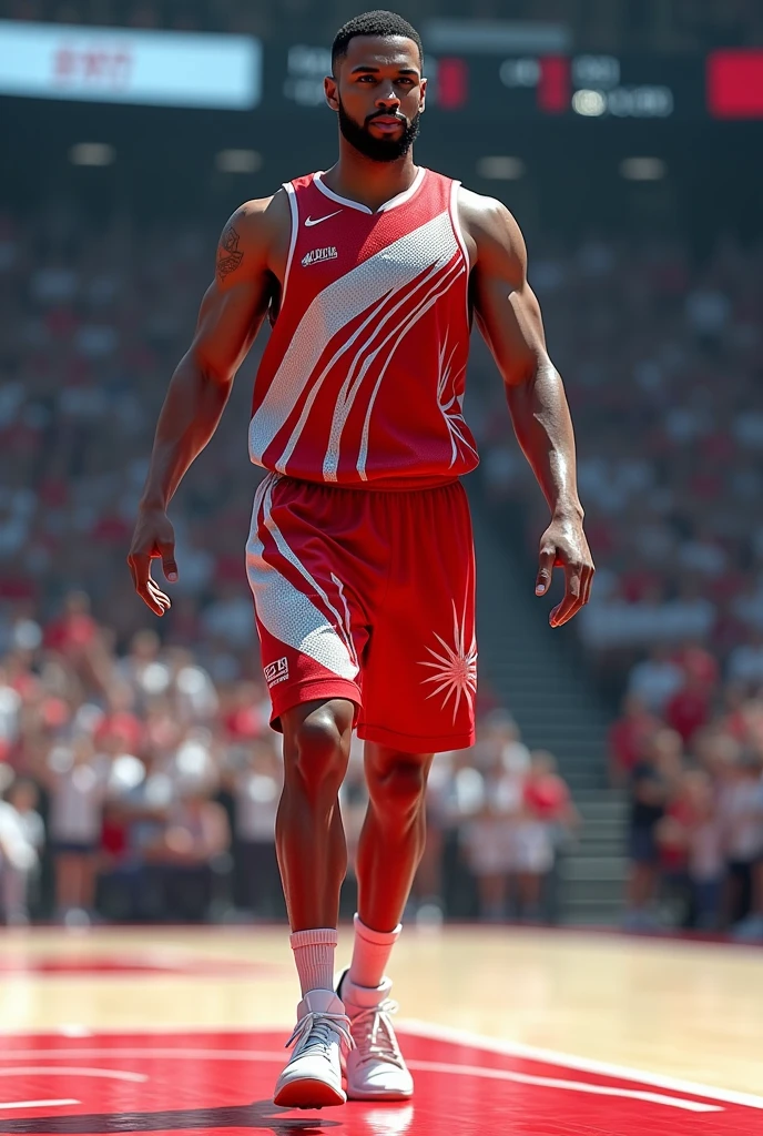 I want to create a basketball uniform with the colors red and white that is full of rays