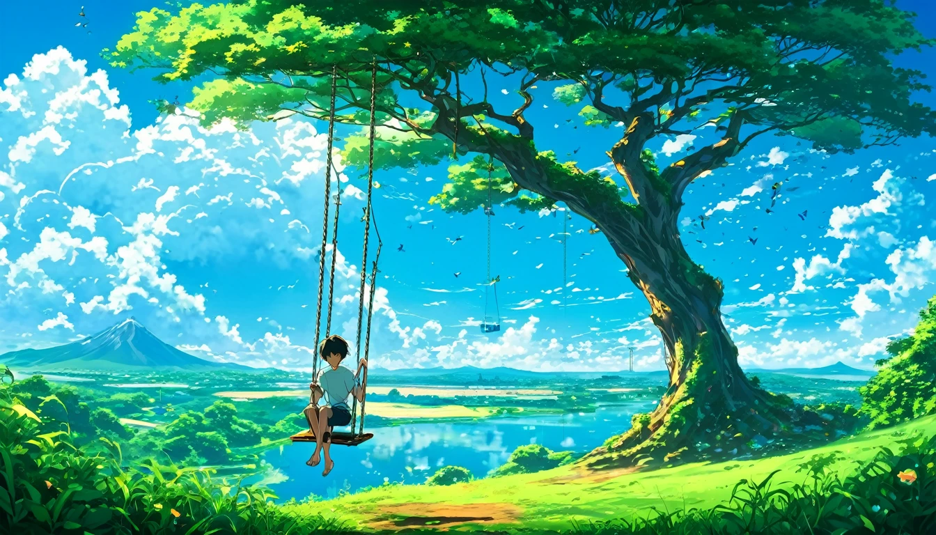 anime landscape of a boy on a swing on a tree, anime nature wallpaper, Beautiful anime scene, Anime Beautiful Peace Scene, makoto shinkai cyril rolando, Beautiful anime scenery, amazing wallpaper, anime art wallpaper 8K, animated background, animated background art, 4k anime wallpaper, anime art wallpaper 4k, anime art wallpaper 4k, swing on a tree