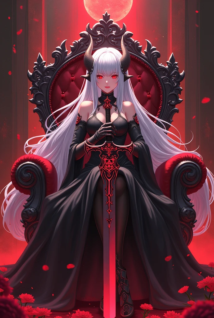 Demon anime girl with long white hair and red eyes sitting on a demon throne with a large sword