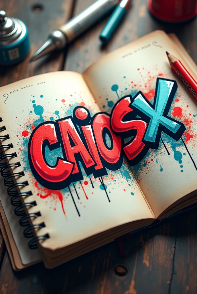 Graffiti drawing with the name caiosx in the notebook