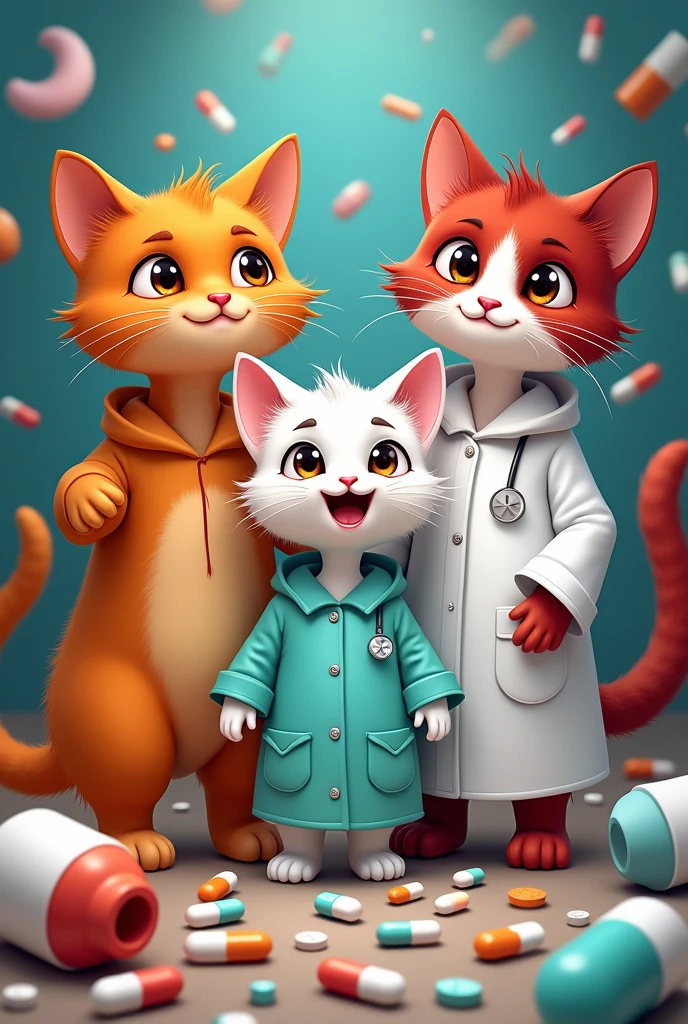 3 cartoon style cats cats with medical gown ,a white girl with brown eyes, another orange cat with dark brown eyes ,and the other cat was wine red with black eyes ,surrounded by drugs
