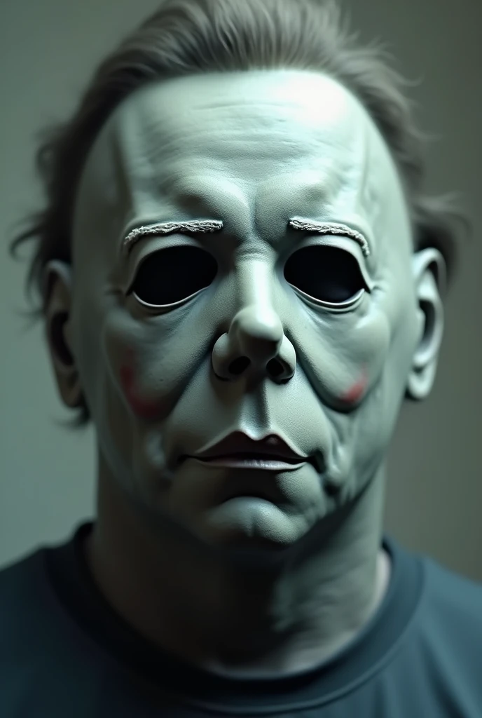 generates a realistic image of the Michael Myers bust-type mask with its marked features but with a blurring between the mask and the skull, that the skull looks very very faded