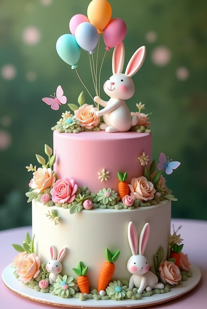 Two-tier cake, the pink one above, the white one below, a bunny and balloons on the cake above, natural roses in the middle of the two cakes, on the cake below rabbits carrots and butterflies