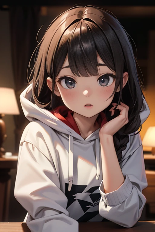 a masterpiece,1girl,looking thoughtful,heart-shaped pupils,mouth open,hoodie,static restraints,best quality,4k,8k,highres,masterpiece:1.2,ultra-detailed,realistic,photorealistic,photo-realistic:1.37,HDR,UHD,studio lighting,ultra-fine painting,sharp focus,physically-based rendering,extreme detail description,professional,vivid colors,bokeh,portrait