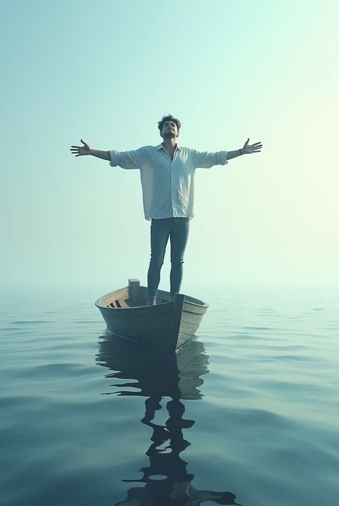 A young man with open arms on the edge of a boat in the middle of the sea feeling the wind. (Sideways as if it were in 2D)