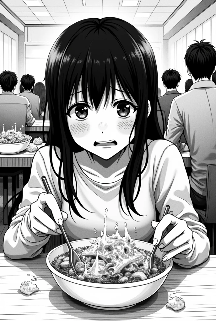 Drawing a black and white manga in a school cafeteria where a girl is bullied by her friends by throwing water in her food.