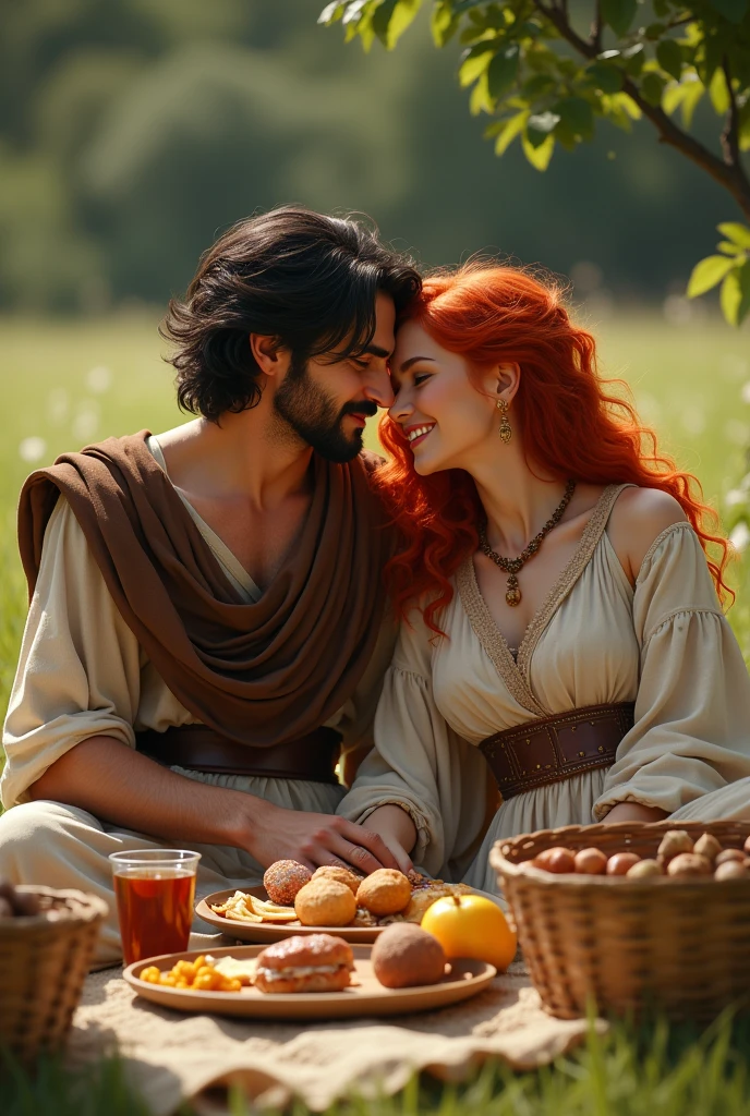 Young redhead girl with black-haired man from ancient times having a picnic
