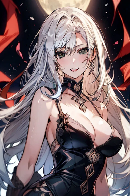 masterpiece, Highest quality, (alone focus), (Perfect Face:1.1), (Attention to detail:1.1), (Very fine eye), dramatic, 白い肌とLong Hairの女性, Voluminous white hair, White eyes, alone, Long Hair, moon, night, Black Lingerie, naked, Large Breasts, sexly, smile, Detailed Background, Art by artgerm, Cinema Lighting, Rose, fashion, Balenciaga Style, とてもLarge Breasts