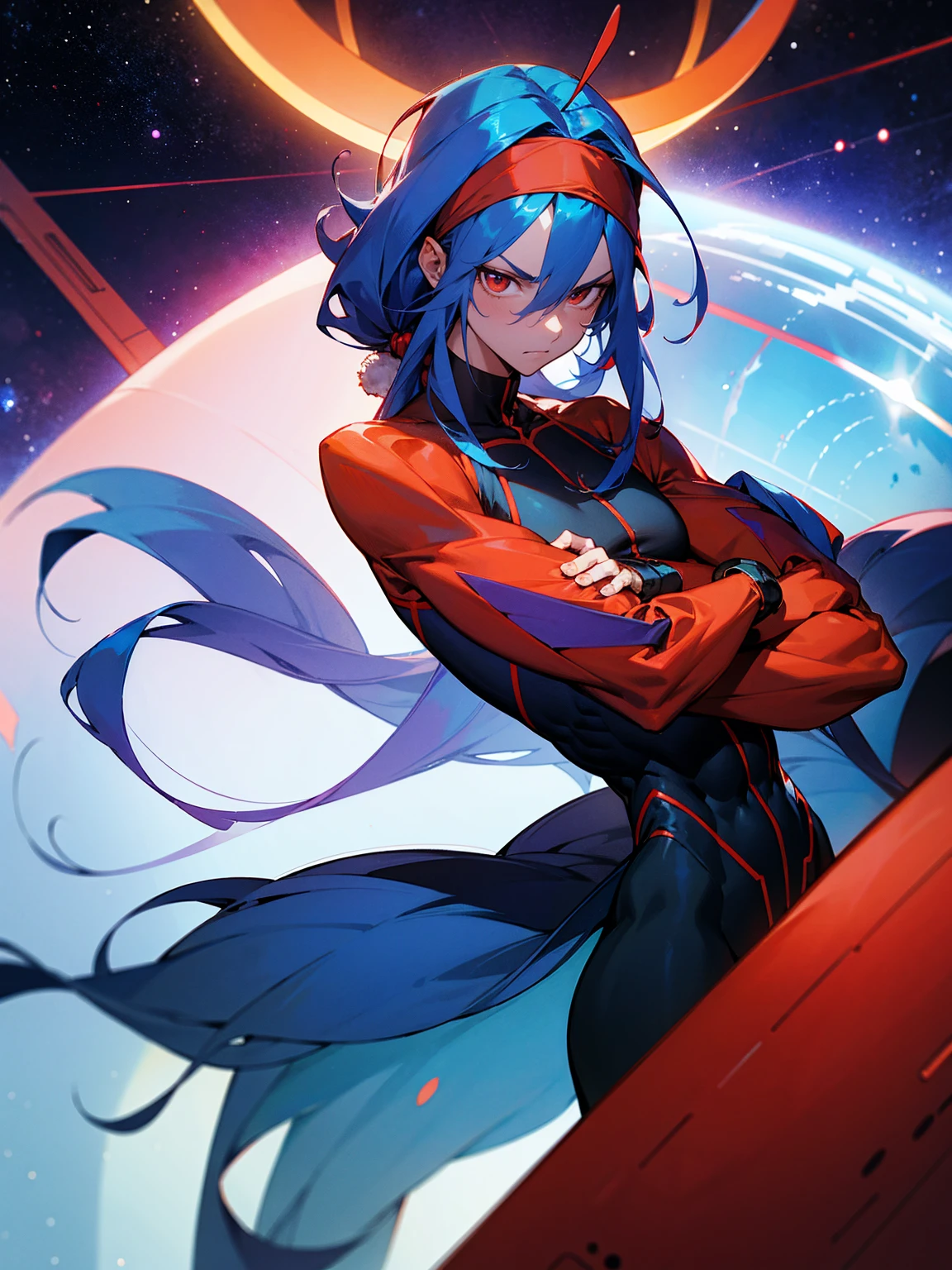 1male, red skin, antennae, long blue hair, headband, super suit, tied to waist, oversized fur coat, serious, muscular, space ship, arms folded, facing viewer