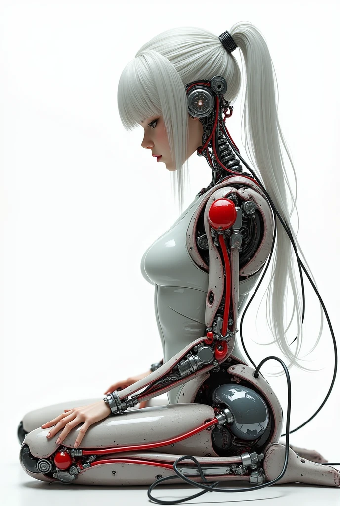 (masterpiece, top quality, best quality, official art, beautiful and aesthetic:1.2), (1girl:1.3), extreme detailed,colorful,highest detailed ((ultra-detailed)), (highly detailed CG illustration), ((an extremely delicate and beautiful)),(from side),cinematic light,((1mechanical girl)),solo,full body,(machine made joints:1.2),((machanical limbs)),(blood vessels connected to tubes),(mechanical vertebra attaching to back),((mechanical cervial attaching to neck)),(sitting),expressionless,(wires and cables attaching to neck:1.2),(wires and cables on head:1.2)(character focus),science fiction,white background,(blood:1.5),Body reflection,white hair,Metallic luster,