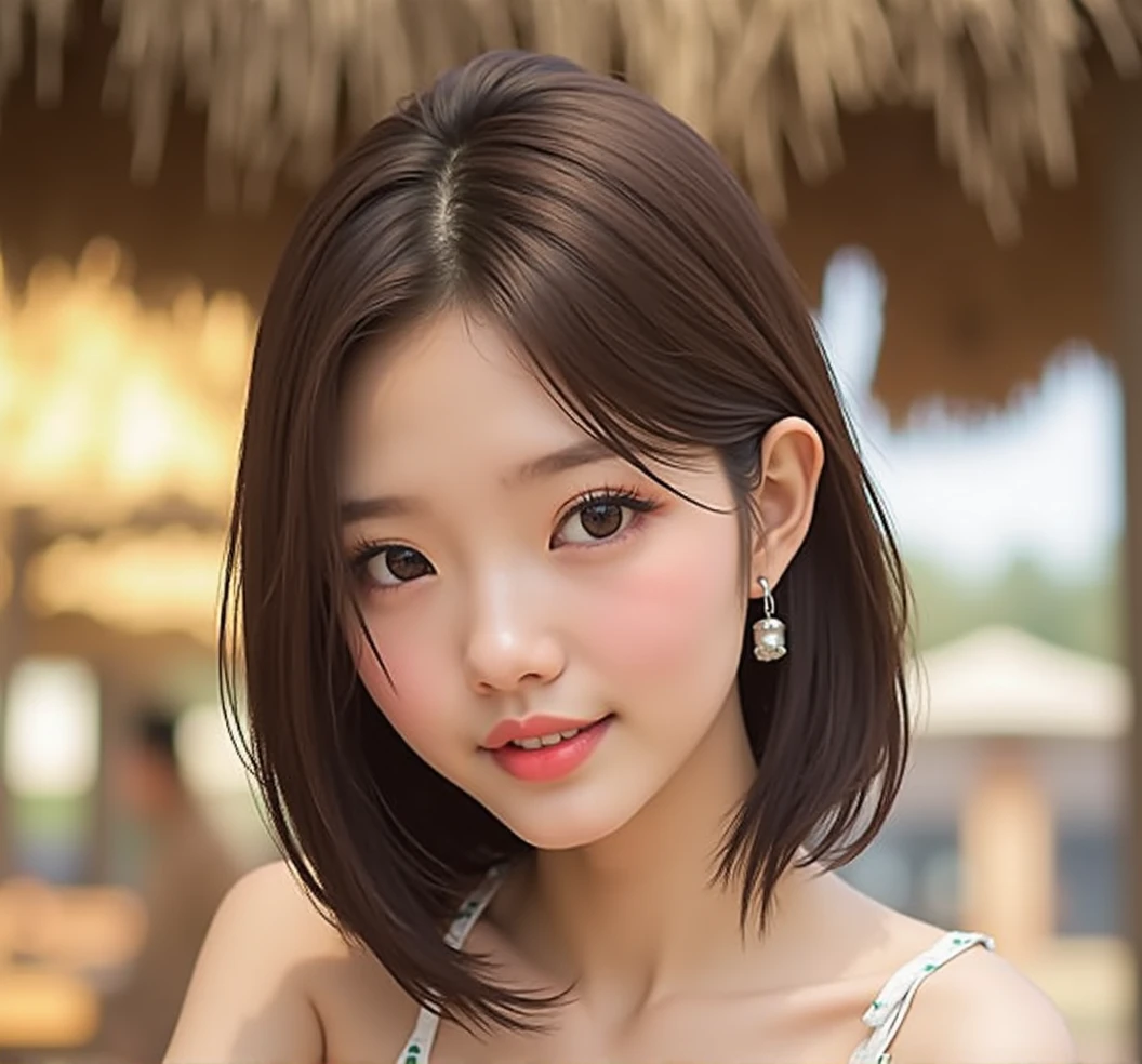 masterpiece, Highest quality, Very detailed, 複雑に詳細なSuper detailed, Realistic, Sharp features, Very detailed, Sharp focus, 20-year-old, Japanese,Idol, Perfect Face, Perfect Face, Perfect symmetrical perfect eyes, Perfect Plump Lips, Flexible female form, Film Light, Super detailed, hyper Realistic, High resolution, Vibrant, Dynamic Lighting, Brown Hair, Shoulder-length layered, Asymmetrical bangs, Brown eyes, (Impish Smile:1.2), Cowboy Shot, (Women's Beach Sarong:1.2), Cenang Beach, Random Pause,