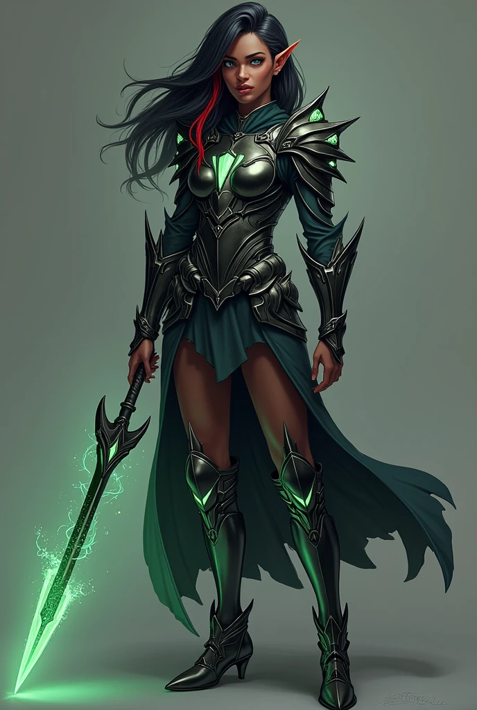 Physical Description:**
a young woman with dark skin and pointed ears, which highlight her mystical heritage. Her hair is long and dark, with bright red streaks that reflect her connection to energy. She wears combat armor that is similar to Undyne's from *Undertale*: elegant and robust, made of dark metal with green details that emanate a subtle glow.

**Armor:**
The armor is tailored to Lyra's agile style, with protective plates that allow freedom of movement. Her shoulder pads and boots have subtle spikes, and her helmet has a streamlined shape with a visor that glows when she activates her energy lance.