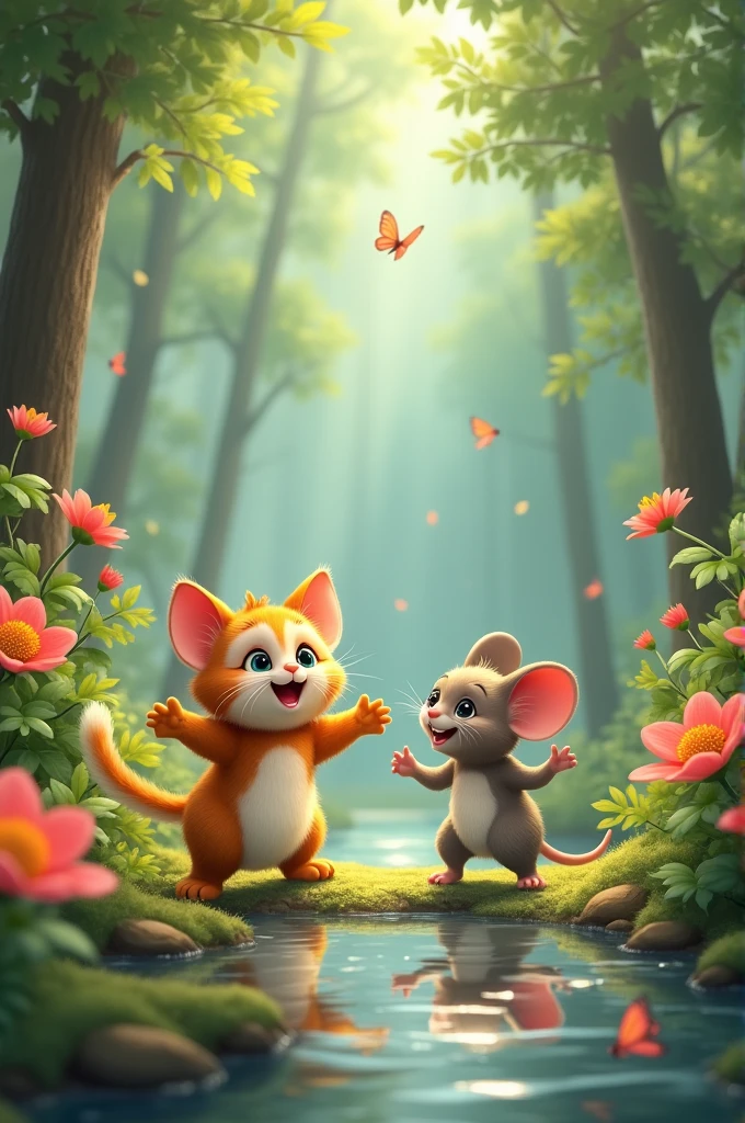A cute cat will sing and dance with a cute mouse in a beautiful nature.
