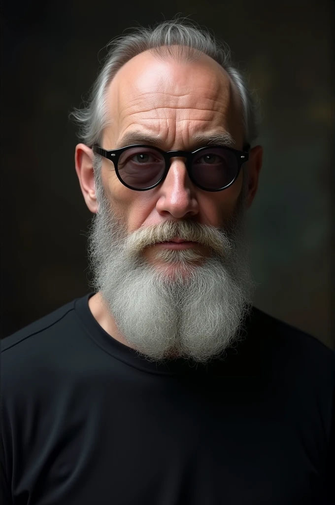 Caucasian man white beard aquiline nose round glasses dark lenses thin lips black t-shirt