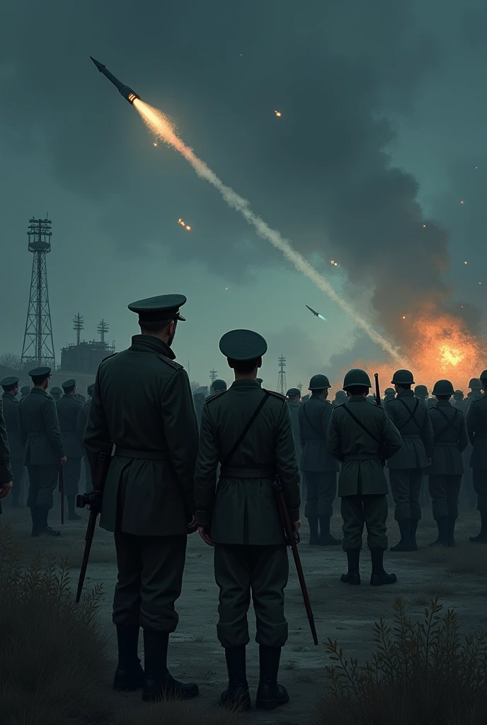 A large group of soldiers, next to a general who was somewhat close to a soldier, quite scared, watching from a distance as missiles fell outside their military base while it was nighttime, with snipers nearby