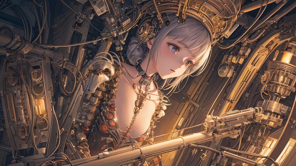 (((masterpiece))), (((Highest quality))), ((Very detailed)), (Highly detailed CG illustrations), ((Very delicate and beautiful)),(From the side),Cinematic Light,((1. Machine Girl)),alone,whole body,(Machine made joints:1.2),((Mechanical limbs)),(Blood vessels connected to tubes),(Mechanical vertebrae attached to the back),((Cervical vertebrae mechanically attached to the neck)),(Sitting),Expressionless,(Wires and cables around the neck:1.2),(Overhead wires and cables:1.2)(Character Focus),sf,Very detailed,colorful,Most detailed