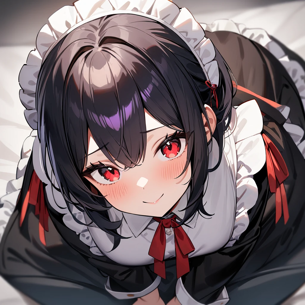 1girl,Solo,smile,blackhair,red eyes,purple and red,Maid,black skirt,black Shiny pantyhose,Large sleeves,masterpiece, best quality, very aesthetic, absurdres,pov Crotch,hands Between legs