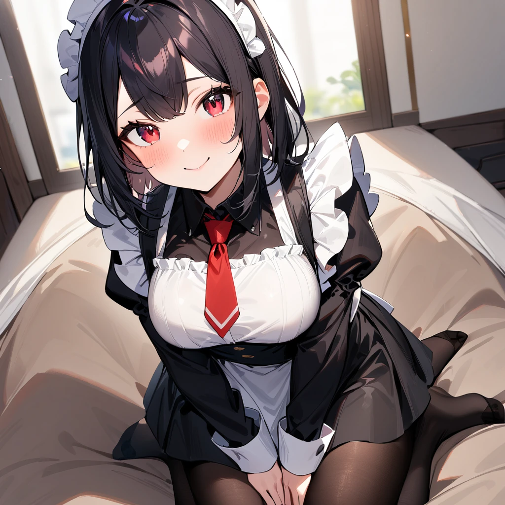 1girl,Solo,smile,blackhair,red eyes,purple and red,Maid,black skirt,black Shiny pantyhose,Large sleeves,masterpiece, best quality, very aesthetic, absurdres,pov Crotch,hands Between legs