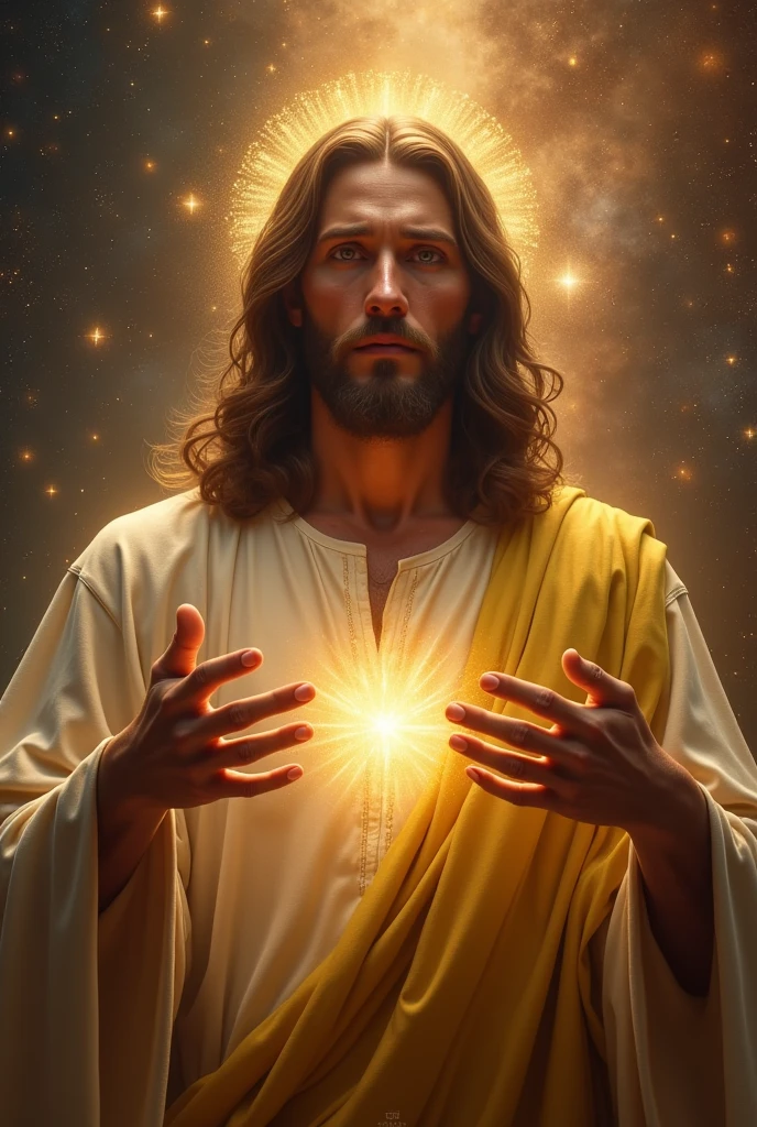 (photorealism:1.2), handsome Jesus Christ with tears in the galaxy, wearing lime king clothes with  light in his head and heart spreading all over in the galaxy, perfect eyes tears, perfect Jesus Christ, real Jesus Christ, perfect five hands, perfect crying face, elegant, soft lighting, many stars, stand straight, realistic, intricate details, warm colors, by Earl Cornelio Necor