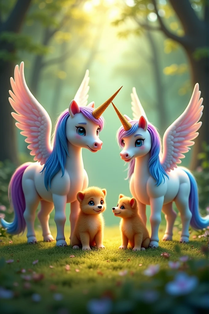 Two adult unicorns with wings and colorful hair and a baby unicorn with yellow, pink and green colored hair and a golden horn and a puppy with golden hair and blue eyes in a forest