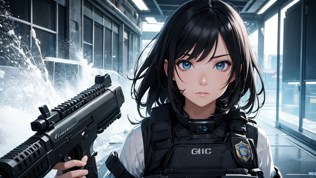 Ultra detailed, 4K, HD, FHD, Fantasy, detiled face, tactical vest, growing particle, anime girl, black hair, long hair, gun, , scifi, game spalsh art, police badge, full upper body shoot,