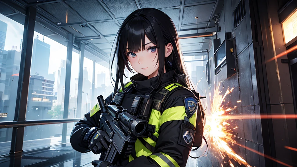 Ultra detailed, 4K, HD, FHD, Fantasy, detiled face, tactical vest, growing particle, anime girl, black hair, long hair, gun, , scifi, game spalsh art, police badge, full upper body shoot,