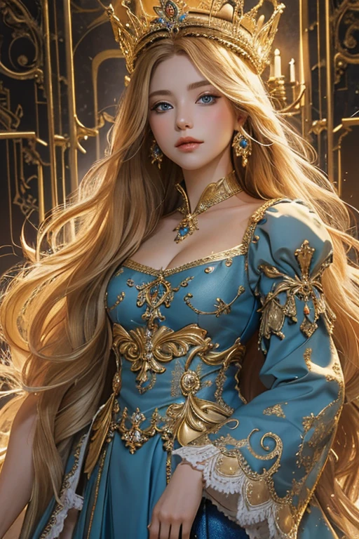 A magnificent masterpiece, Real, RAW photo, Best quality, hyperrealistic, princess theme, 1 girl, Beautiful and regal, long, Golden hair, crown and dress are golden ,Blue eyes, detailed and expressive, Real Skin, The skin shines with purity, Attractive and alluring image, Сверхa high resolution, Ultra Real шедевр, a high resolution, Golden ratio , Detailed shot of the body. 