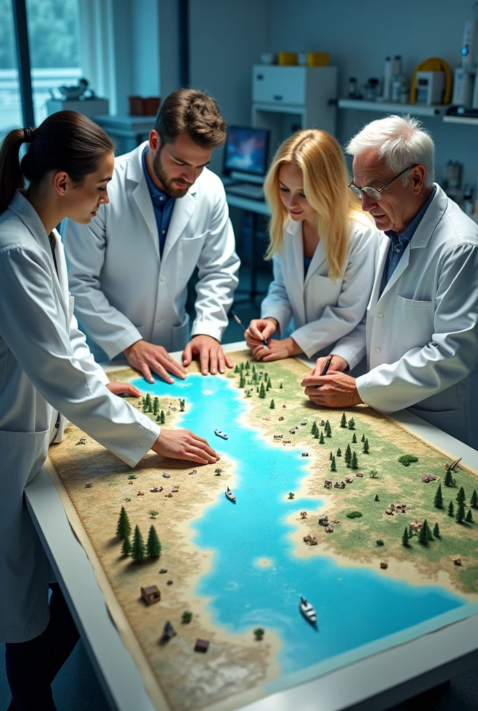 On a table a. Group of scientists two young men and one old man, Two women, one blonde and the other black haired, watching. A large map illustrated with landscapes such as, mountains, desert, A town, city and forests and a river. Also with a background as if they were in a laboratory