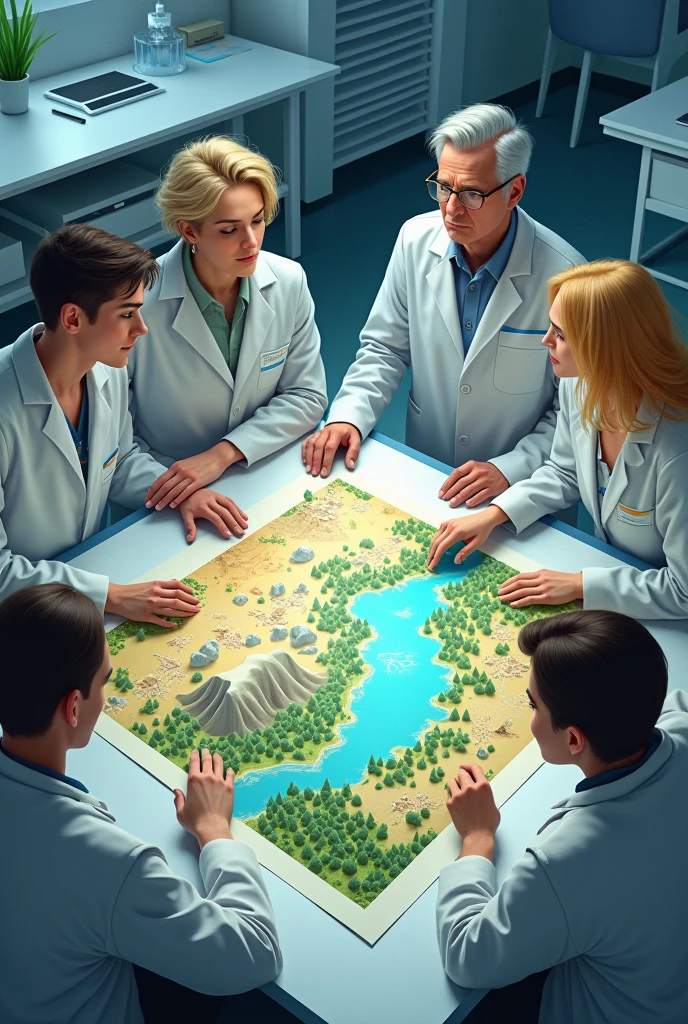On a table a. Group of scientists two young men and one old man, Two women, one blonde and the other black haired, watching. A large map illustrated with landscapes such as, mountains, desert, A town, city and forests and a river. Also with a background as if they were in a laboratory