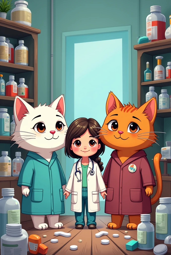 3 cartoon style cats cats with medical gown ,a white girl with brown eyes,   another orange cat with dark brown eyes ,and the other cat was wine red with black eyes ,surrounded by drugs