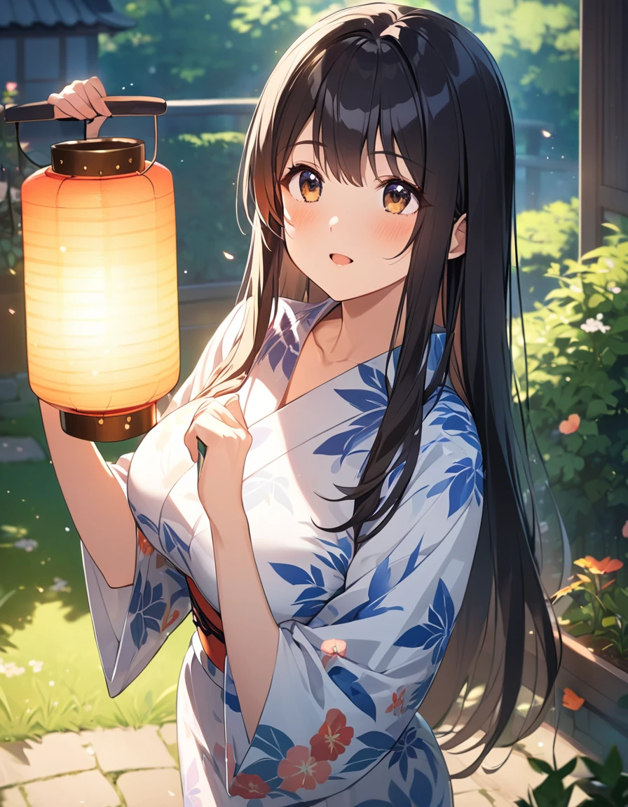 Girl,cute,cute,Straight Hair,Long Hair,Black Hair,big breast photos,yukata,Are standing,morning,sunny,Holding a Bon Festival lantern,Looking up at the sky,From the chest up,garden