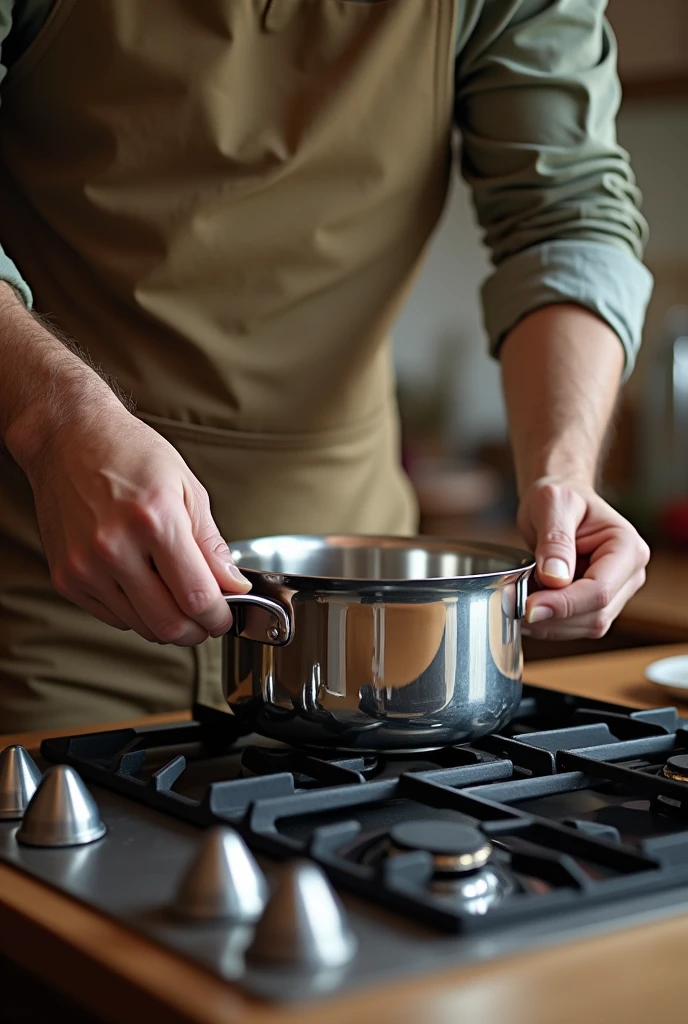 A guy putting a steel pot on the stove