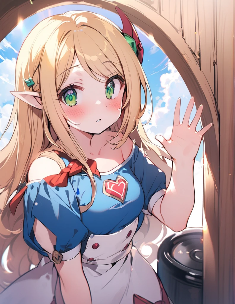 1 girl, princess connect(alisa),elf,elf_ear , (increasing the weight makes things worse),Raise the hand, Are standing, bangs, just_shoulder , blonde, green eyes, blush,long hair,uniform