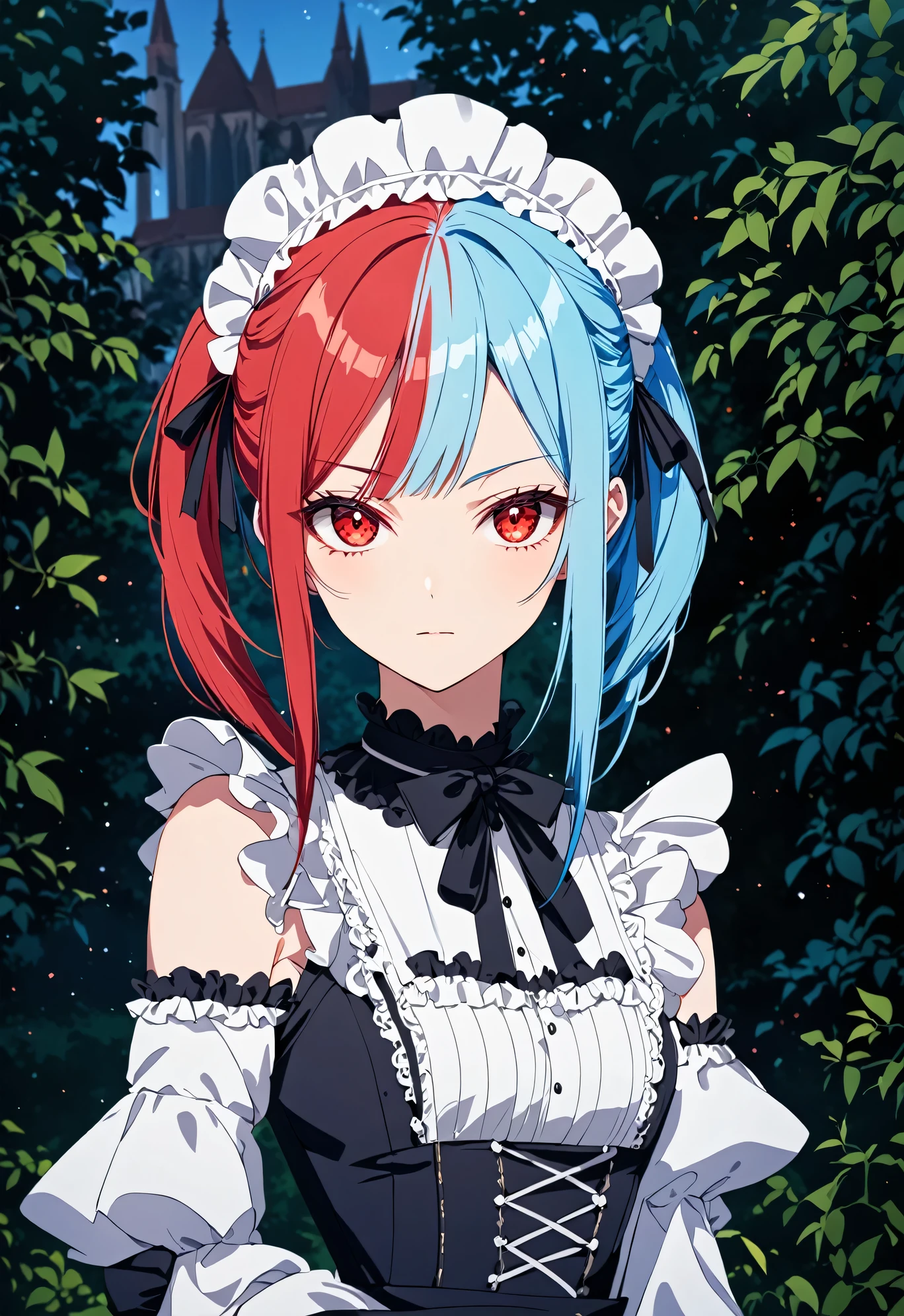 ((split-color hair,red hair,blue hair)),[(garden background:1.4)::5],original,(illustration:1.1),(best quality),(masterpiece:1.1),(extremely detailed CG unity 8k wallpaper:1.1), (colorful:0.9),(mid shot:0.95),(upper body:1.5),Dynamic angle,(solo:1.2), (girl),((adult)), (detailed beautiful eyes:1.15), (beautiful face:1.15), (glowing red eyes:1.25////),((medium hair)),((split-color hair,red hair,blue hair)),(high twintails),(chignon),(+perfect hand+:1.21),(Draw an illustration of a gothic girl),(Religious),(slender),(is wearing boots on her feet),((is wearing white maid clothes)),(furious), Lace Off-shoulder lolita fashion,beautiful slender woman,high twintails,((split-color hair,red hair,blue hair)),((split-color hair,red hair,blue hair)),((split-color hair,red hair,blue hair)),((split-color hair,red hair,blue hair)),((black long boots)),
