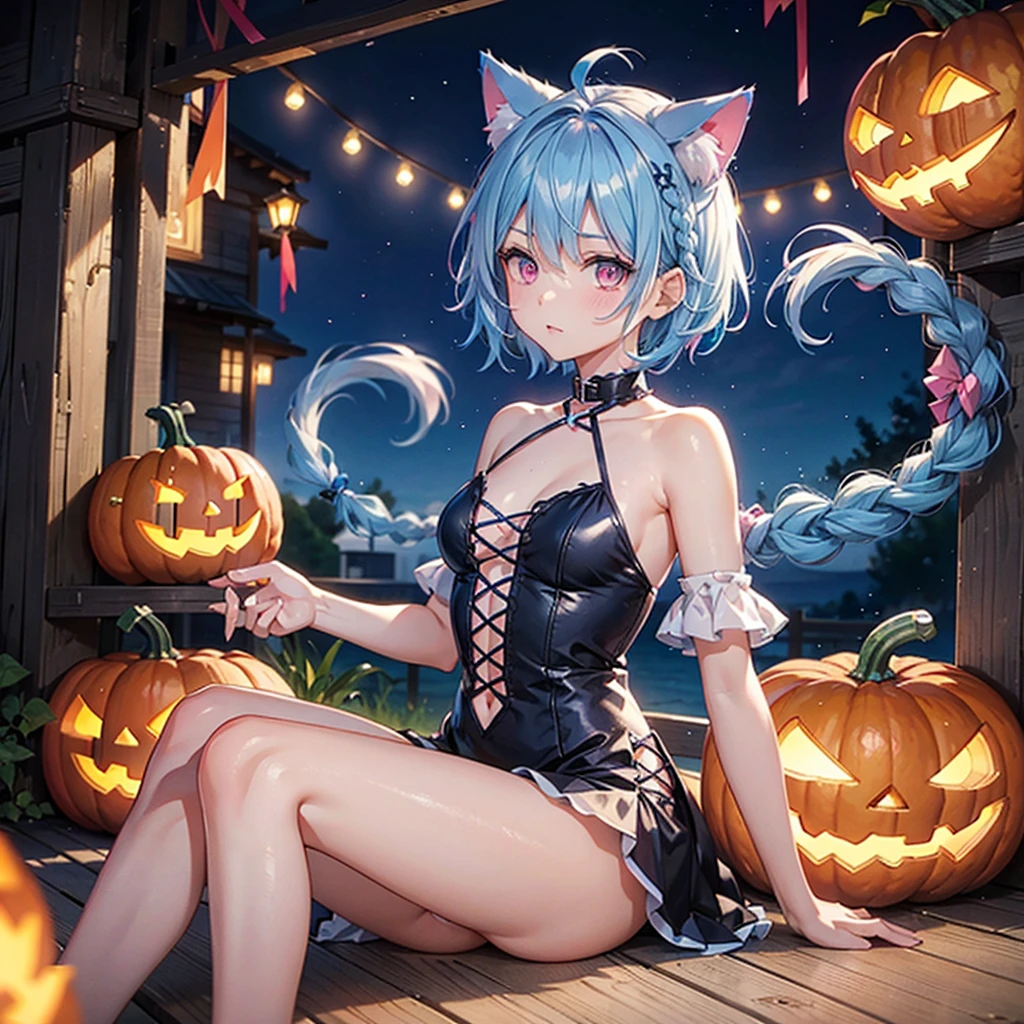 (Sky blue hair),(Braided short hair), (Pink Eyes),Fair skin) ,(whole body),(One Girl),(There are lots of pumpkin ghosts in the background),Cat ear,Cat&#39;s Tail,(Sailor suit),(Bruises and ugly faces),(Fall into Darkness),If you don't give me sweets, I'll play a prank on you.),(Halloween Night Party),(masterpiece, Highest quality, Very detailed, Best Shadow), (Detailed Background), (Beautifully detailed face), High Contrast, (Best lighting, Very delicate and beautiful), ((Cinematic Light)), Hyper Detail,8k, Dramatic Light, Intricate details,night,(Bats flying in the background),High quality