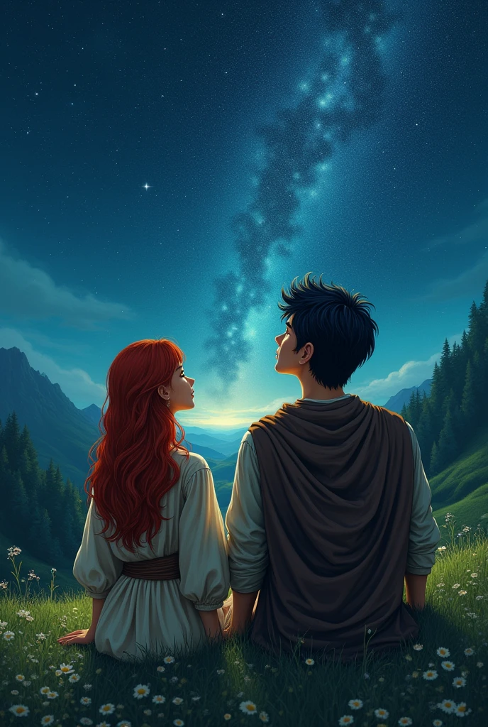 Young redhead next to black-haired man from ancient times watching the stars