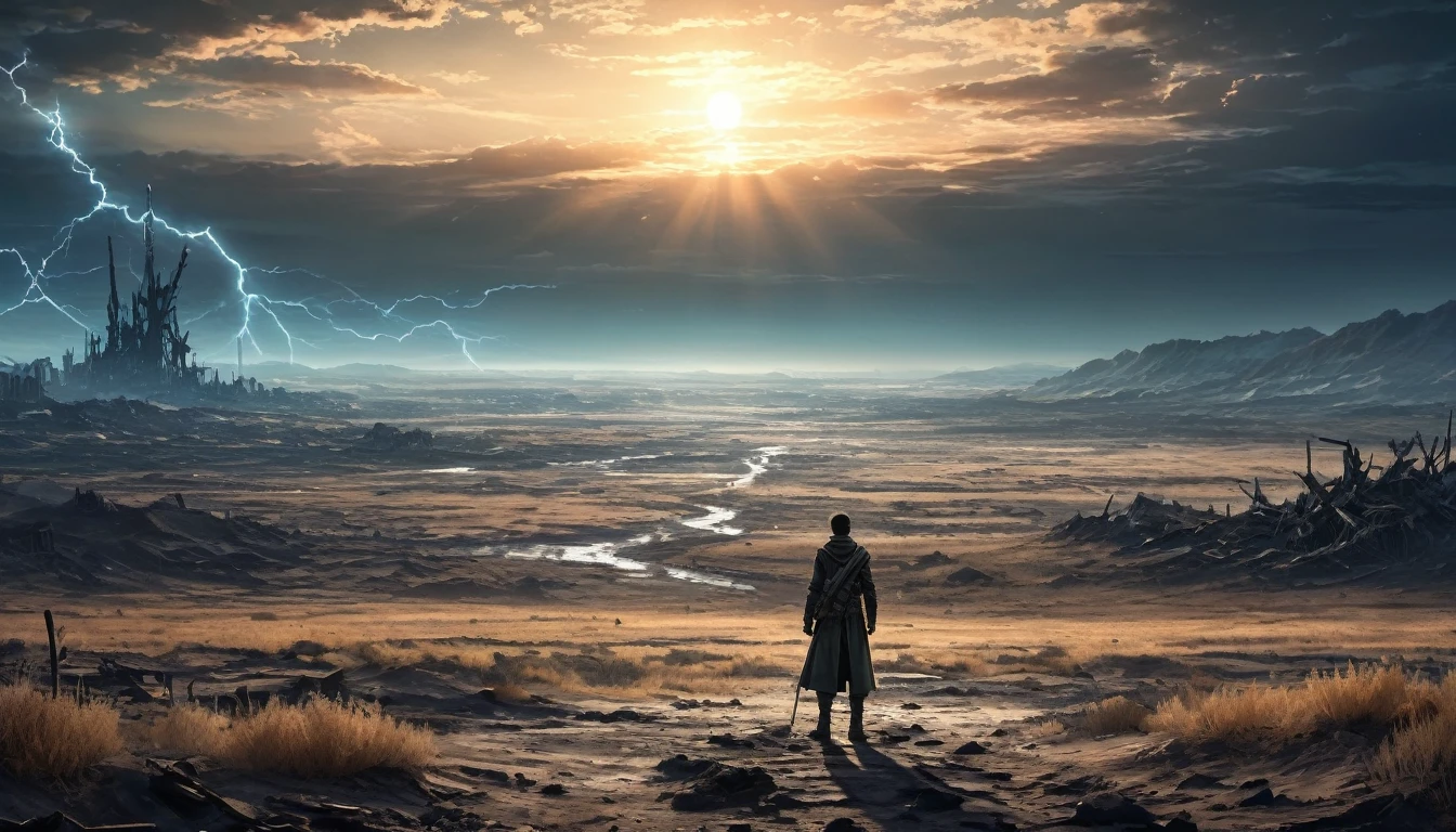 (anime, fantasy, wasteland), (best quality, highres, HDR:1.2), (cold colors), dark atmosphere, harsh environment, abandoned land, a man standing in the distance, drought, horizon, intricate, ethereal light, detailed landscape