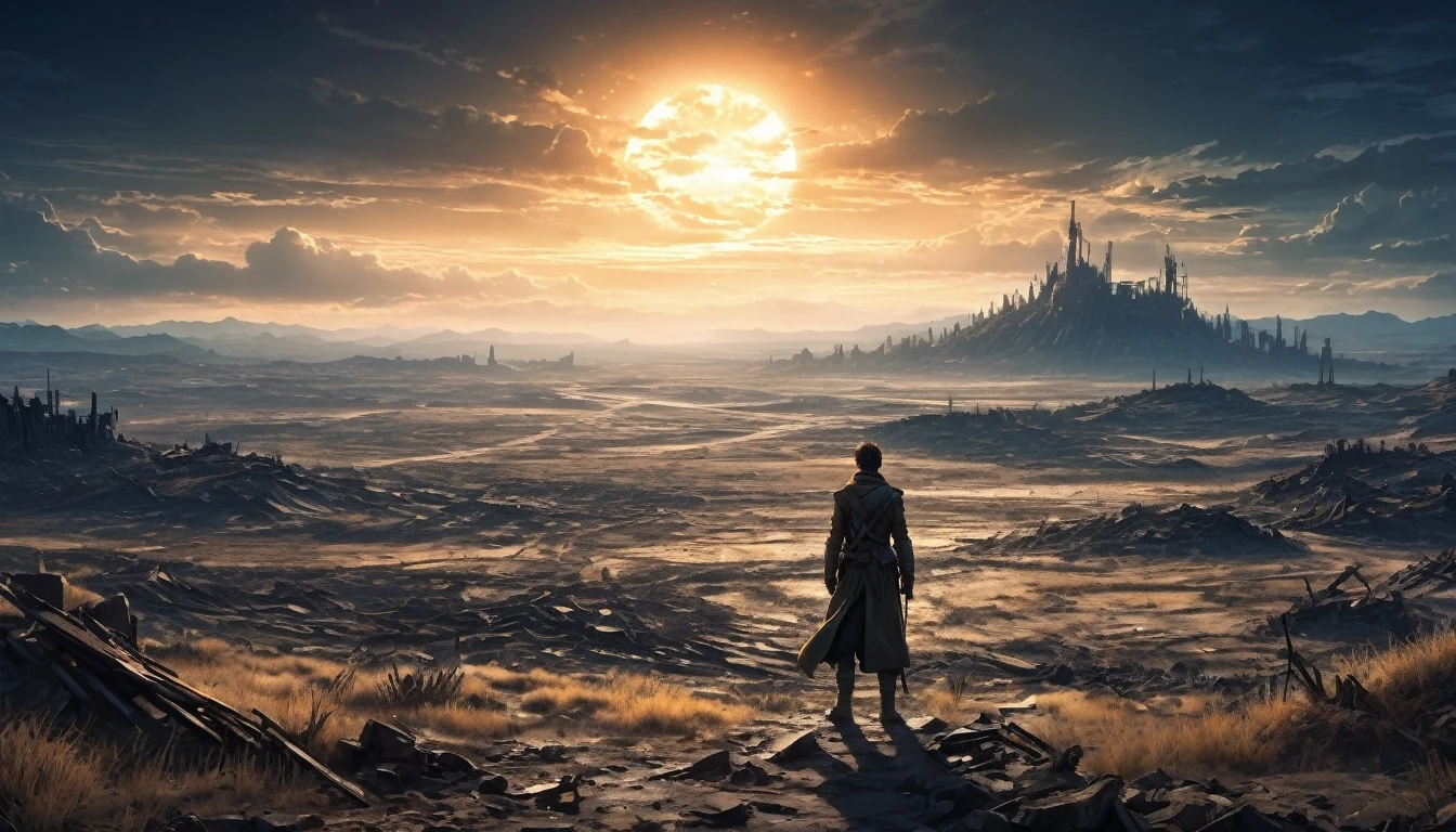 (anime, fantasy, wasteland), (best quality, highres, HDR:1.2), (cold colors), dark atmosphere, harsh environment, abandoned land, a man standing in the distance, drought, horizon, intricate, ethereal light, detailed landscape