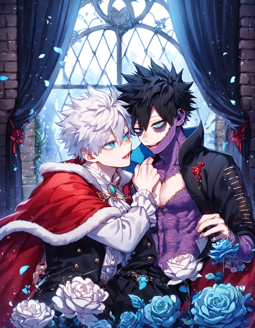 absurdres, highres, ultra detailed, HDR, master piece, best quality, extremely detailed face, delicated features, Dabi, black hair, expressive turquoise eyes, Boku No Hero Academia, Gojou Satoru, white hair, expressive blue eyes, white eyelashes, two  men together, yaoi, gay couple, handsome, manly man, vampire clothes, vampires, accessories, red cape, fantasy, magical, inside a castle, night, petals, flowers, blue curtains, luxurious room
